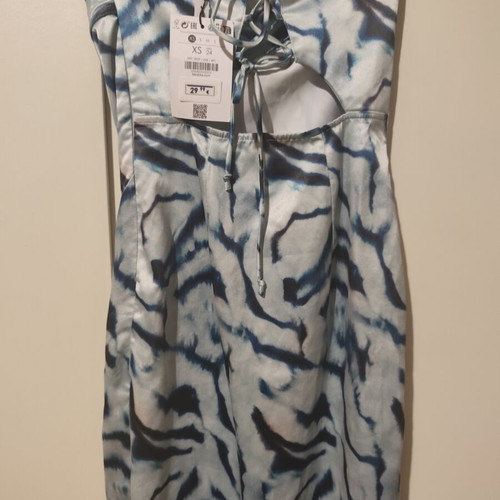Bershka long strapless satin dress, white and blue