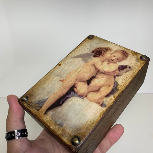 Wooden storage box used with angels