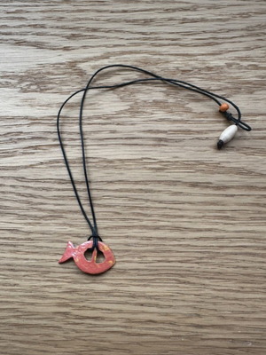 Summer necklace with fish design on leather cord like new, orange