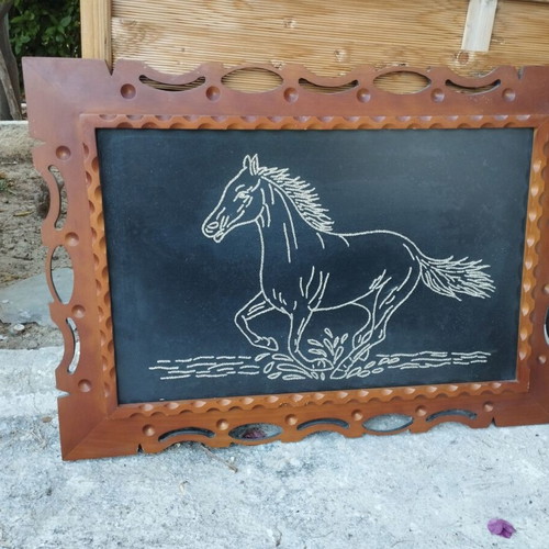 Handmade horse embroidery in carved wooden frame