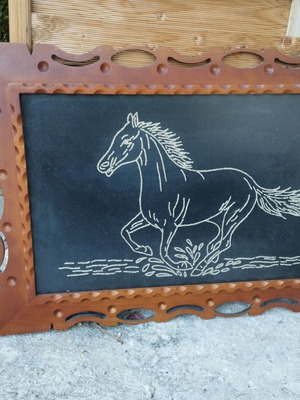 Handmade horse embroidery in carved wooden frame