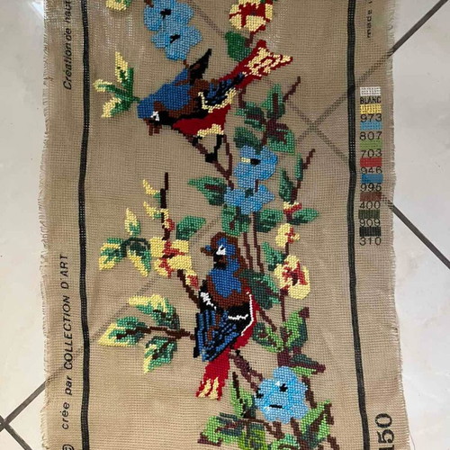 Handmade embroidery with colorful birds and flowers, like new
