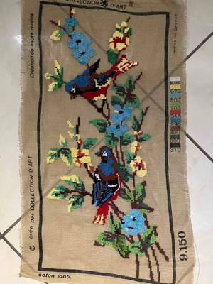 Handmade embroidery with colorful birds and flowers, like new