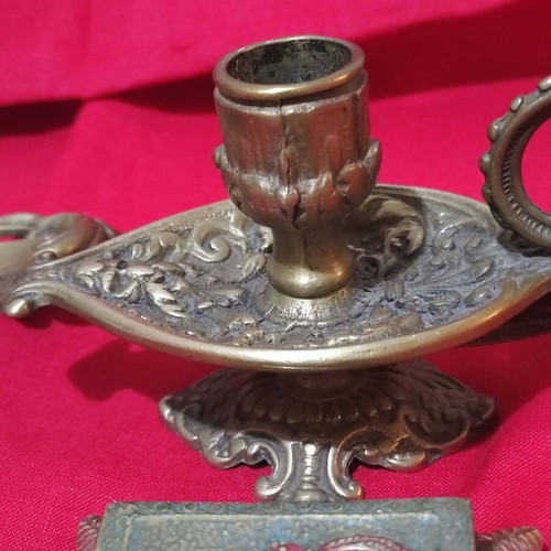 Vintage oxidized brass desk set with Art Nouveau motifs