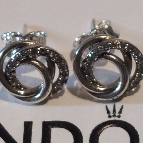 Pandora earrings new with three intertwined circles and cubic zirconia
