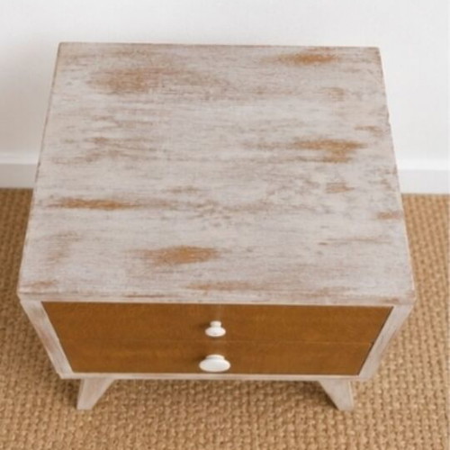 Vintage Mid-Century Nightstand with 2 Drawers and White Patina