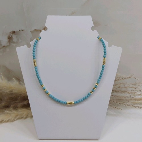 Necklace with semiprecious polygonal agate and hematite stones, steel clasp, new