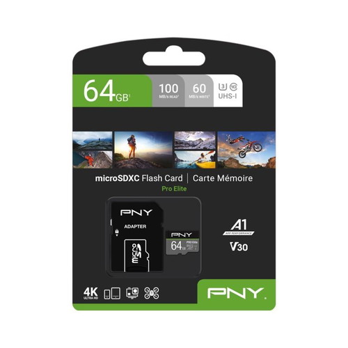PNY PRO Elite microSDXC Card 64GB Class 10 UHS-I U3 V30 with SD Adapter