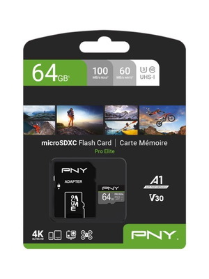 PNY PRO Elite microSDXC Card 64GB Class 10 UHS-I U3 V30 with SD Adapter