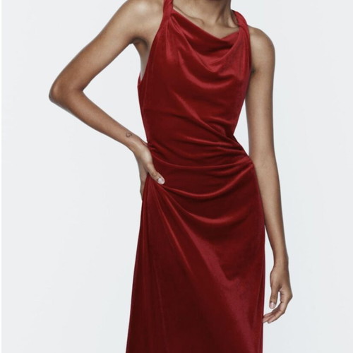 Zara velvet dress dark red XS new with tag