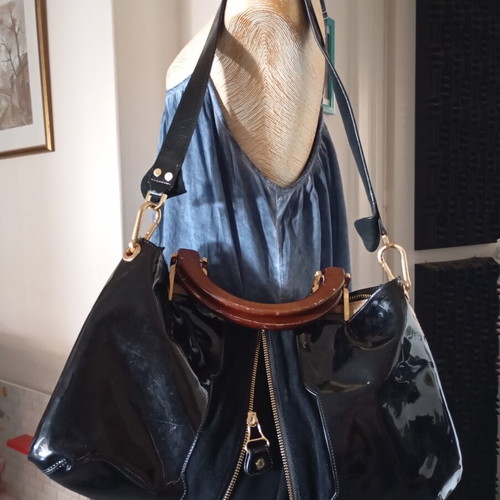 Jimmy Choo Maia leather shoulder bag used, black, 50x31 cm