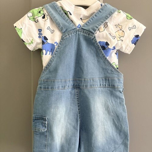 Salopette and blouse set with dog print, new, size 12M