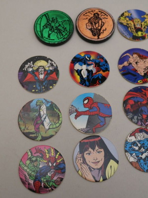 Marvel Spiderman collectible tags set of 10 with plastic coins