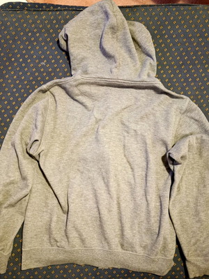 Gray jacket with hood, drawstring and zipper used
