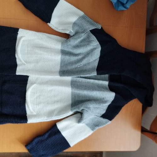 Knitted cardigan with hood used, gray and blue, one size