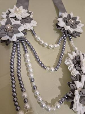 Handmade Multifunctional Necklace with Fabric Flowers and Pearls, New