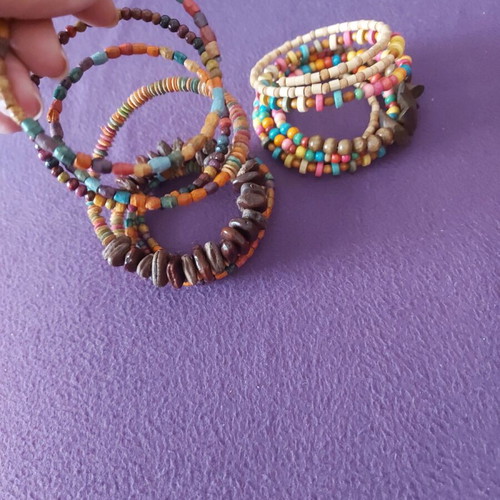 Spiral handmade bracelets like new, colorful with wooden elements pack