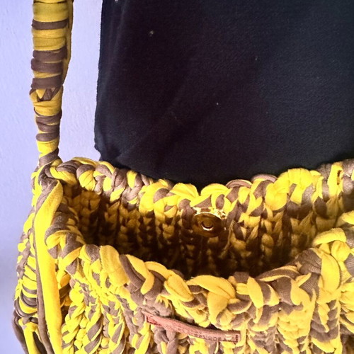 Handmade crochet shoulder bag in yellow and brown