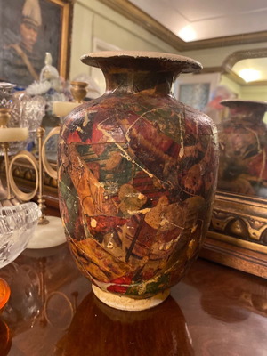Vase with papier mâché decoration used, handmade ceramic