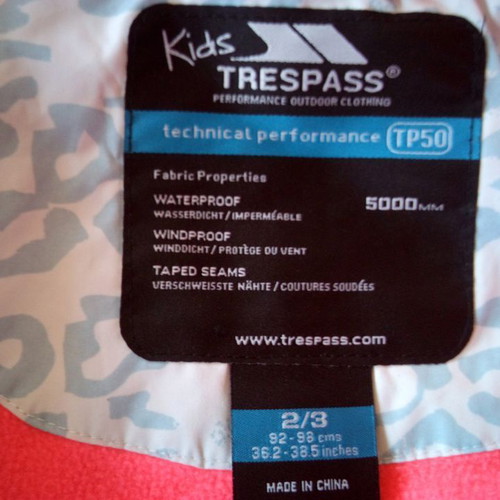 Trespass kids jacket used, size 2/3, waterproof, windproof