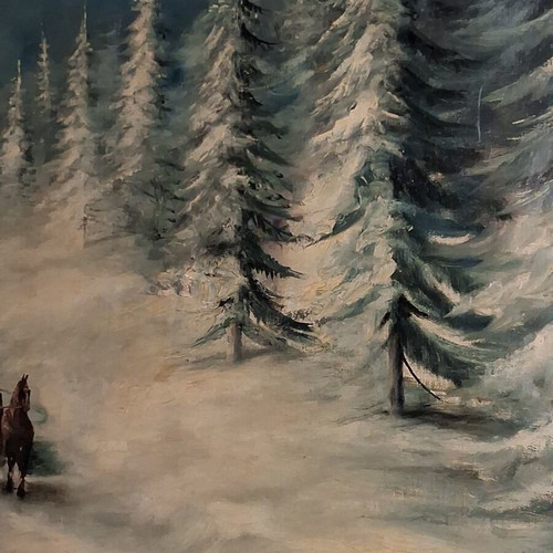 Winter painting by J. Denis used, 117x47 cm, snowy forest landscape