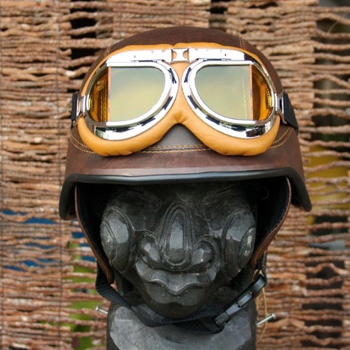 Motorcycle helmet brown retro USA army with goggles