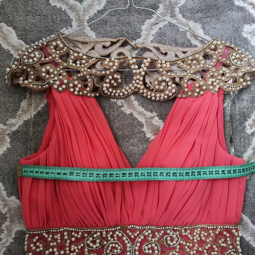 Maxi dress like new coral/salmon with gold lace and pearls, size 40