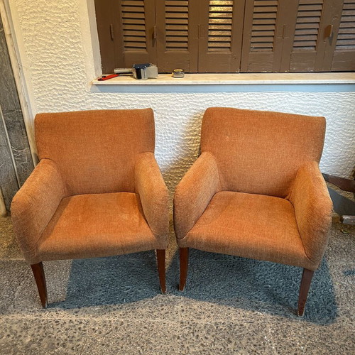 Armchair set vintage used, terracotta color, wooden legs