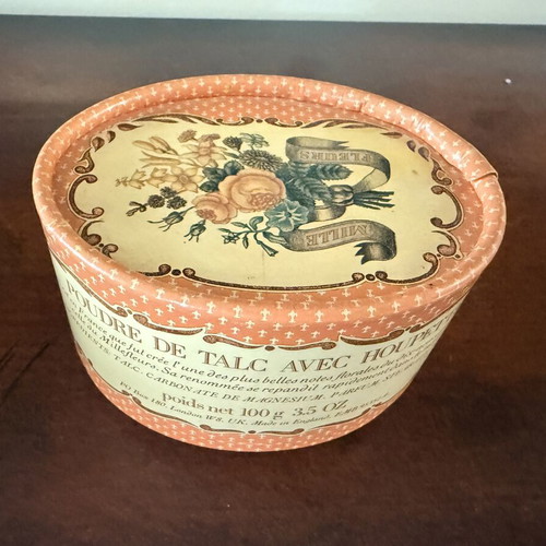 Vintage decorative Poudre de Talc box with puff shabby chic