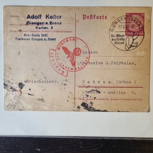 Collectible 1940 card used with Teddy Bear stamp and Wehrmacht censorship