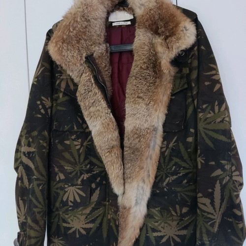 Cycle coat jacket used green khaki with natural fur collar