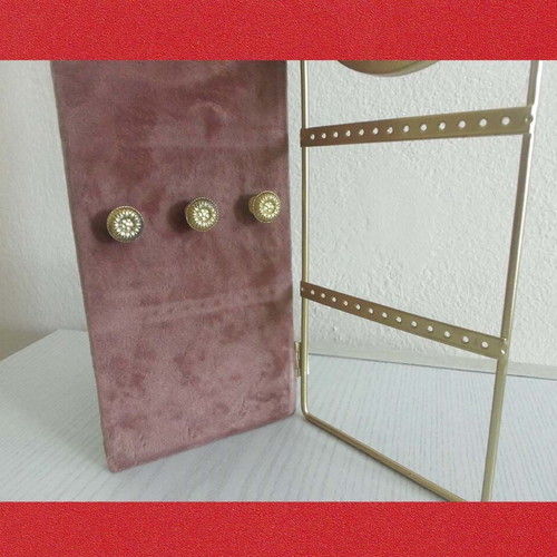 Jewelry Stand with Metal Frame and Round Mirror used, gold color