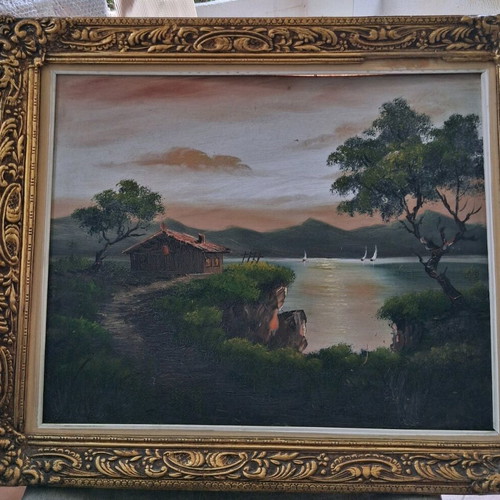 Oil painting "Landscape" with lake, vintage, gold carved frame