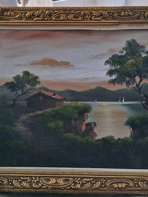 Oil painting "Landscape" with lake, vintage, gold carved frame