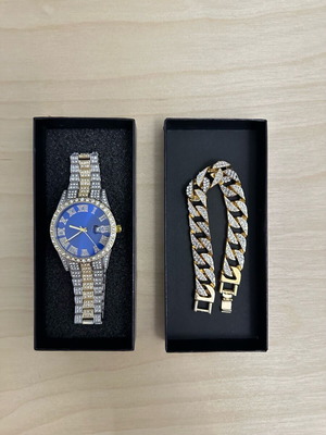 Watch with diamonds new men's with box and chain
