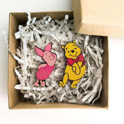 Wooden Winnie the Pooh and Piglet earrings new, pink multicolor
