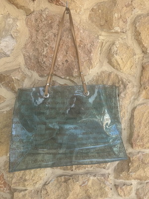 Crisano Transparent Beach Tote Bag used, turquoise shoulder bag with logo