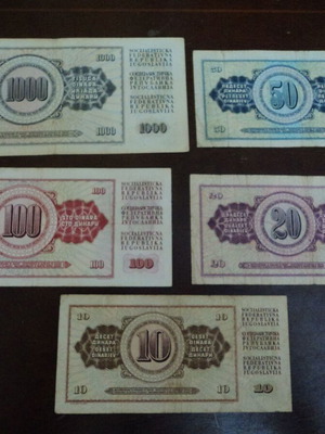 Yugoslavia dinar banknotes used, set of 5