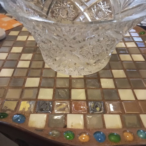 Bohemian crystal vase, engraved, heavy, 25 cm diameter