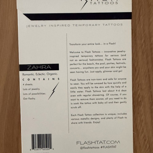 Flash Tattoo metallic temporary tattoos, 4 sheets, new