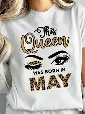 Γυναικεία μπλούζα t shirt unisex βαμβακερό με σχέδιο «Αυτή η Βασίλισσα Γεννήθηκε τον Μάιο» καινούργιο, άσπρο