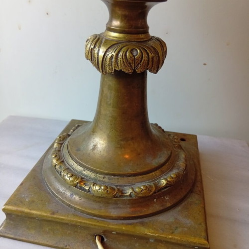 Brass table lamp with bronze bas-reliefs, 43.5 cm