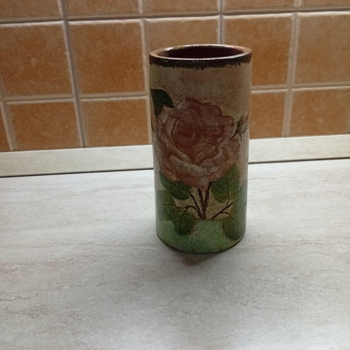 Handmade ceramic vase vintage with decoupage rose