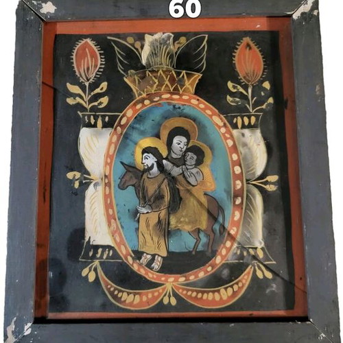 Religious icon used, Bible scene Arrival in Jerusalem painted on glass