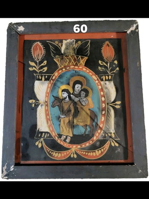 Religious icon used, Bible scene Arrival in Jerusalem painted on glass