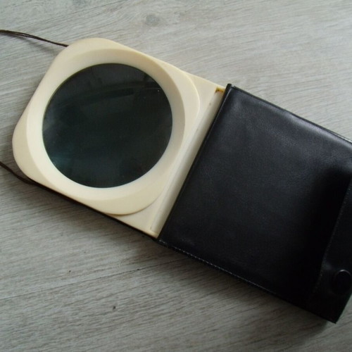 Old magnifying glass used with case, size 11.5x11.5 cm, diameter 8.5 cm