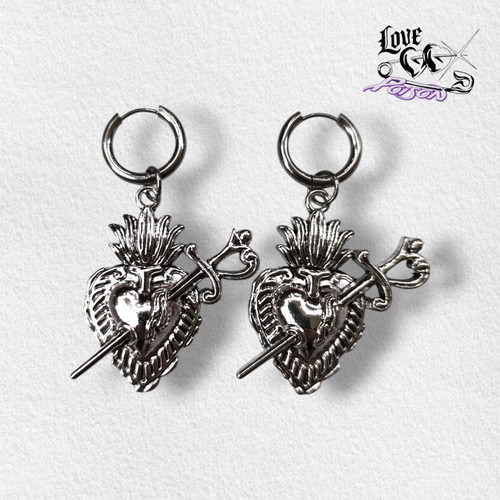 Love X Poison Handmade Stainless Steel Silver Hoop Earrings with Chunky Sacred Dagger Heart