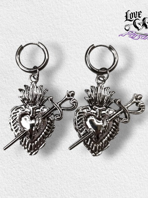 Love X Poison Handmade Stainless Steel Silver Hoop Earrings with Chunky Sacred Dagger Heart