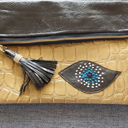 Handmade brown and gold fold-over clutch bag