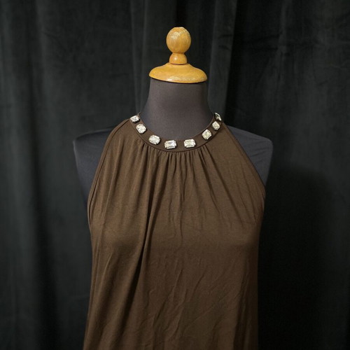 Mini dress with open back and stones on neckline, brown, size M, like new